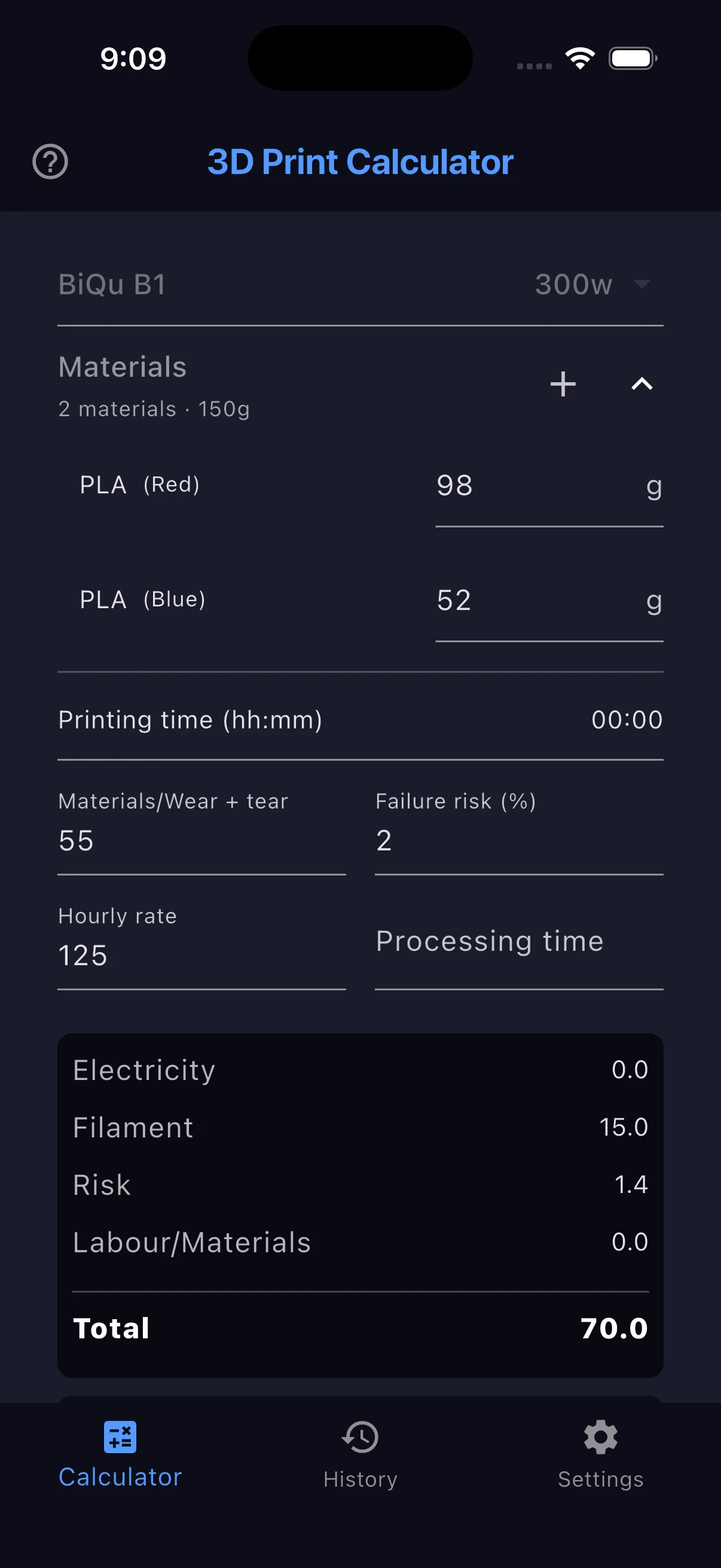 Calculator screen showing detailed print cost breakdown