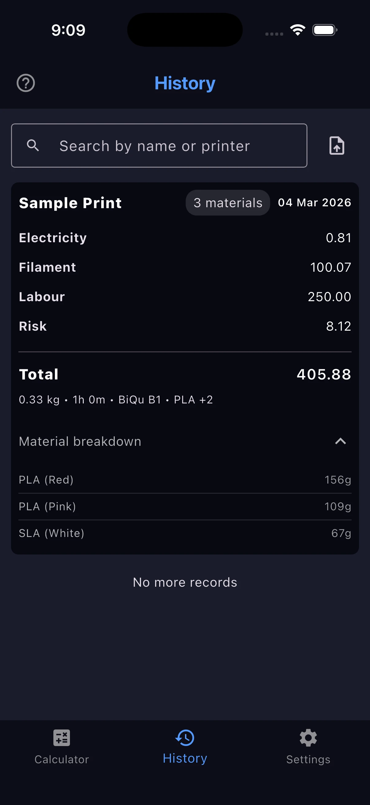 History tab listing saved print jobs with cost totals